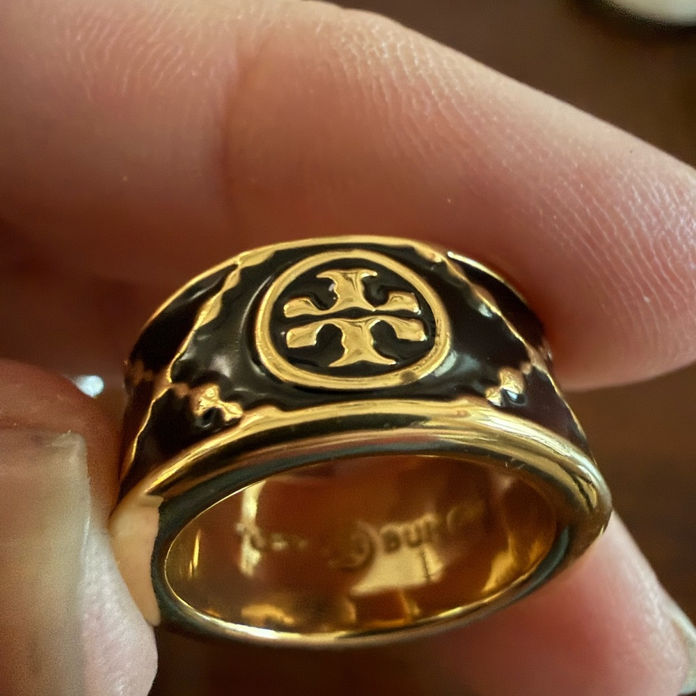 Authentic Tory Burch Kira  Gold and Black Emblem Ring size 6